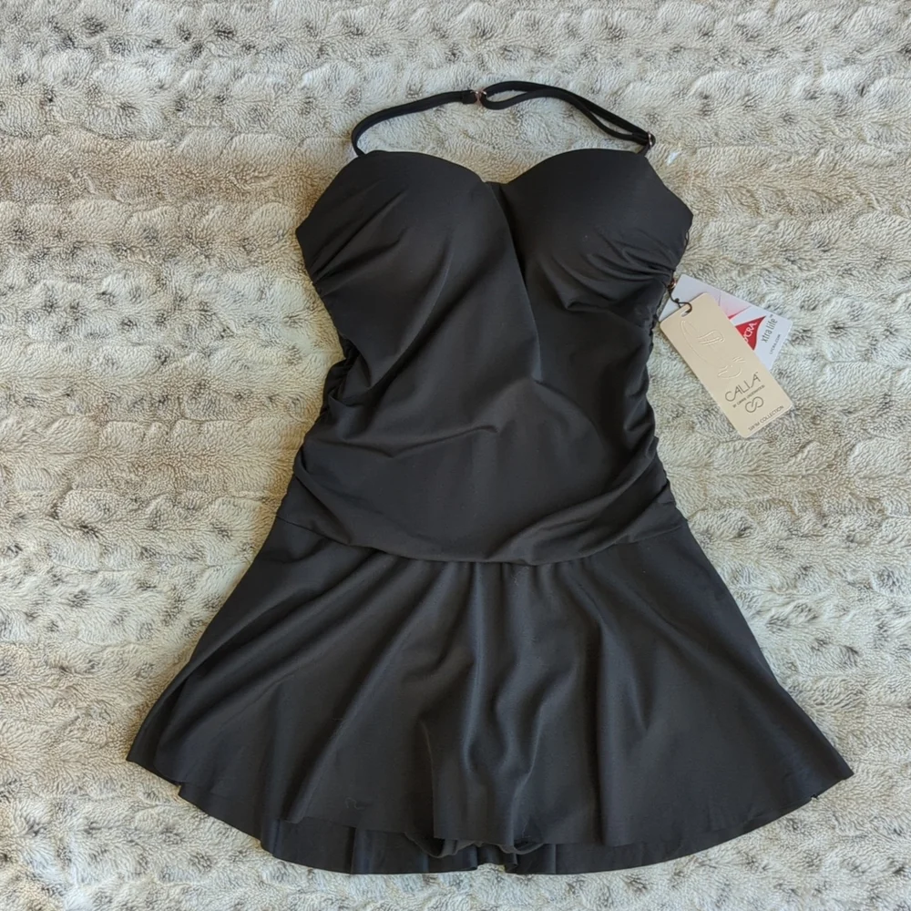 Calia One Piece Pure Black Swim Dress (Flaw)